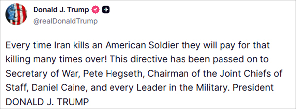 Trump Announces Retaliatory Strike Threat Against Iran After Military Deaths