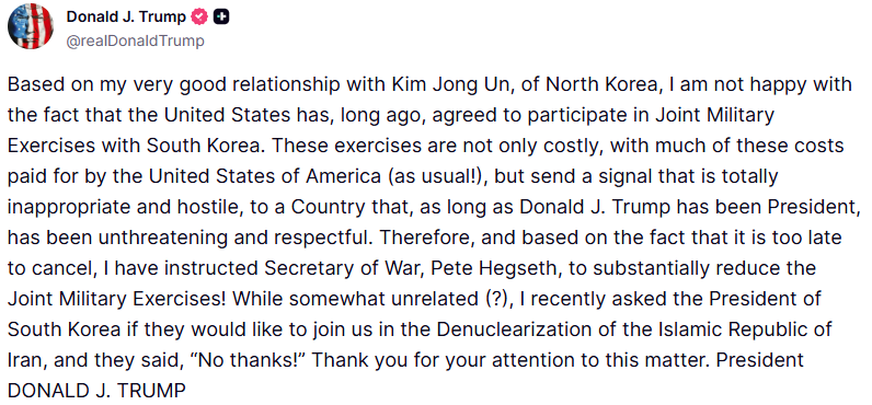 Trump Cuts Military Exercises with South Korea Amidst Tension With Kim Jong Un