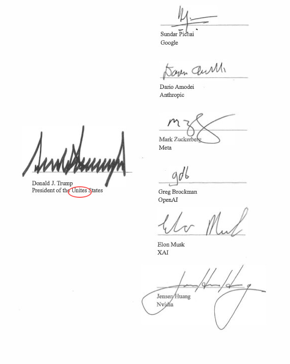 Trumps Super Intelligence Agreement Mistakenly Spells Unites States