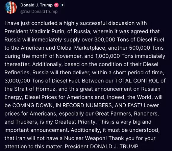 Trump Secures Diesel Deal with Russia, Sparking Anger and Global Reactions